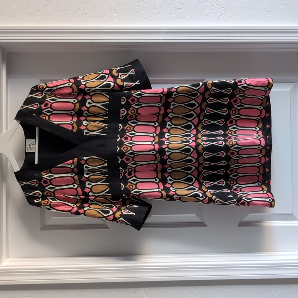 Milly Abstract Retro Printed V Neck A Line Silk Dress